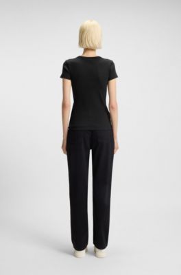 Slim-fit T-shirt in ribbed stretch cotton with logo, Black