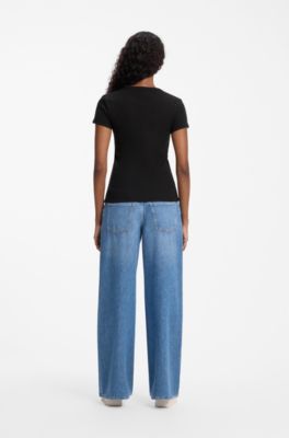 Slim-fit T-shirt in ribbed stretch cotton with logo, Black