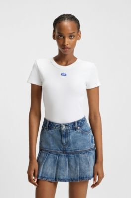 Camiseta slim fit de algod&oacute;n el&aacute;stico con insignia con logo, Blanco