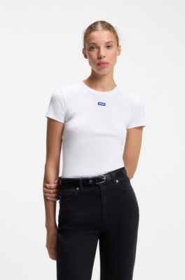 Slim-fit T-shirt in ribbed stretch cotton with logo, White