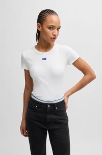 Slim-Fit T-Shirt aus Stretch-Baumwolle mit blauem Logo-Aufnäher, Weiß