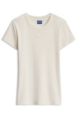 Slim-fit T-shirt in ribbed stretch cotton with logo, Natural