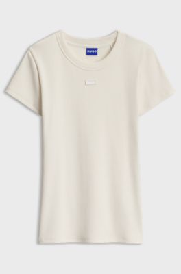 Slim-fit T-shirt in ribbed stretch cotton with logo, Natural