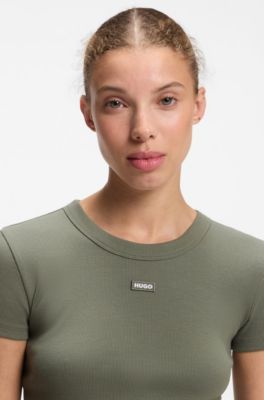 Slim-fit T-shirt in ribbed stretch cotton with logo, Green
