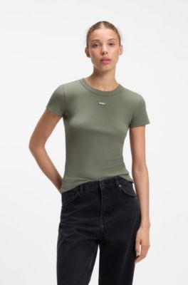 Slim-fit T-shirt in ribbed stretch cotton with logo, Green