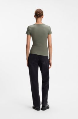 Slim-fit T-shirt in ribbed stretch cotton with logo, Green