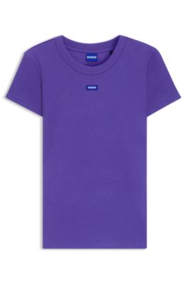 Slim-fit T-shirt in ribbed stretch cotton with logo, Purple