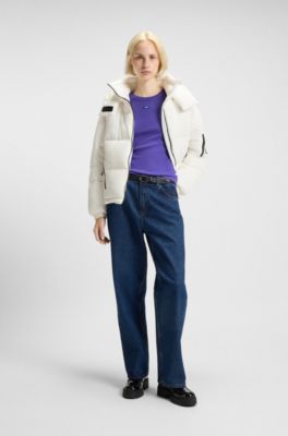 Slim-fit T-shirt van geribbelde stretchkatoen met logo, Lila