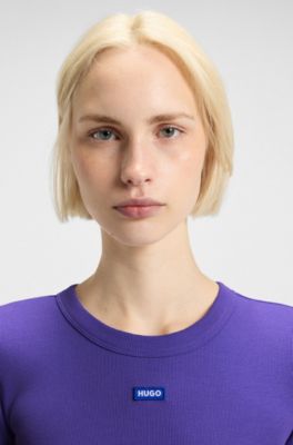 Slim-fit T-shirt in ribbed stretch cotton with logo, Purple