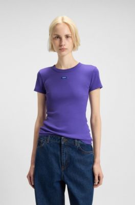 Stretch-cotton slim-fit T-shirt with logo badge, Purple