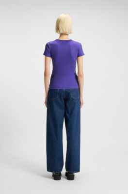Slim-fit T-shirt in ribbed stretch cotton with logo, Purple