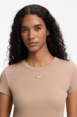 Slim-fit T-shirt in ribbed stretch cotton with logo, Light Pink
