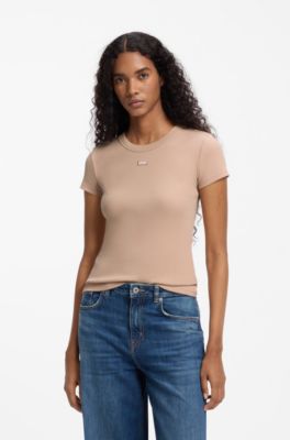 Slim-fit T-shirt in ribbed stretch cotton with logo, Light Pink