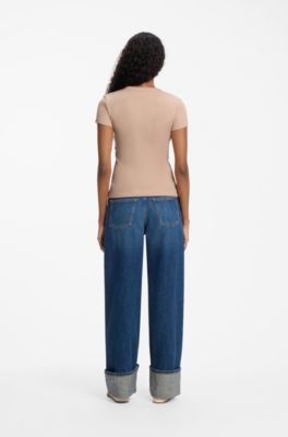 Slim-fit T-shirt in ribbed stretch cotton with logo, Light Pink