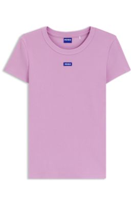 HUGO - Slim-fit stretch-cotton T-shirt with blue logo badge