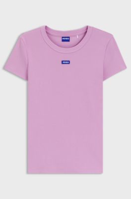 Slim-fit T-shirt in ribbed stretch cotton with logo, Pink
