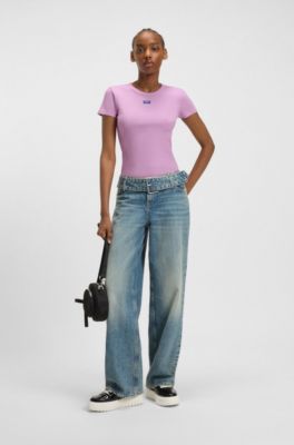 Slim-fit T-shirt in ribbed stretch cotton with logo, Pink