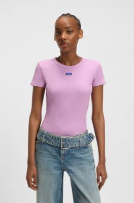 Slim-fit T-shirt van geribbelde stretchkatoen met logo, Pink