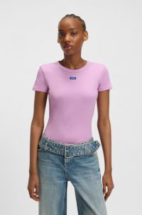 Slim-fit stretch-cotton T-shirt with blue logo badge, Pink
