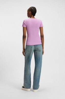 Slim-fit T-shirt van geribbelde stretchkatoen met logo, Pink