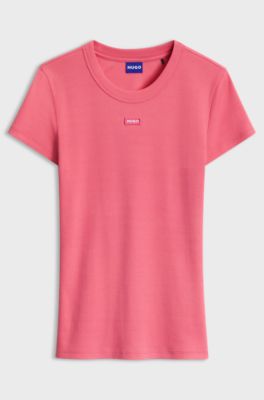 Slim-fit T-shirt in ribbed stretch cotton with logo, Pink