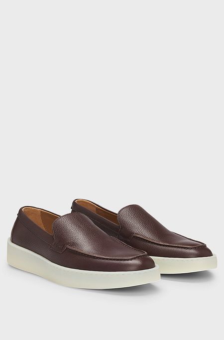Grained-leather loafers with embossed branding, Dark Brown
