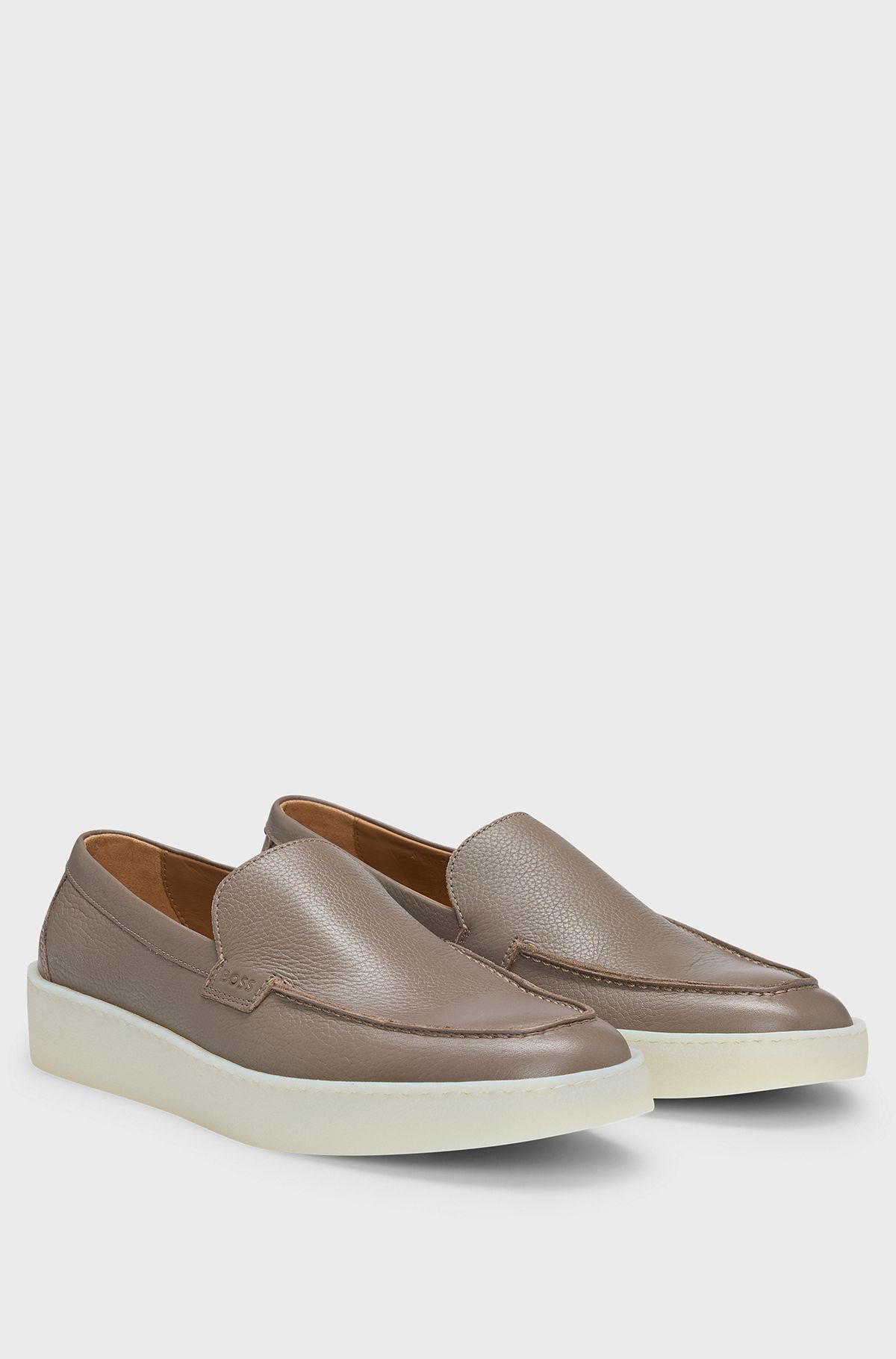 Grained-leather loafers with embossed branding, Light Beige