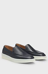 Grained-leather loafers with embossed branding, Dark Blue