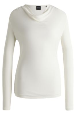 Long-sleeved top in stretch crepe with cowl neckline, White