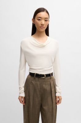 Long-sleeved top in stretch crepe with cowl neckline, White