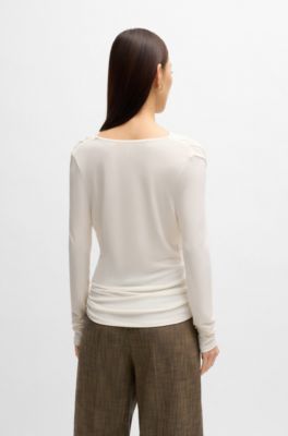 Long-sleeved top in stretch crepe with cowl neckline, White