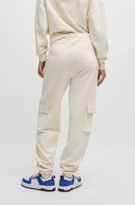 Cargo-style tracksuit bottoms in cotton terry, Natural