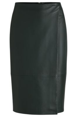Wrap-front panel skirt in leather, Light Green