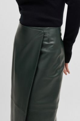 Wrap-front panel skirt in leather, Light Green