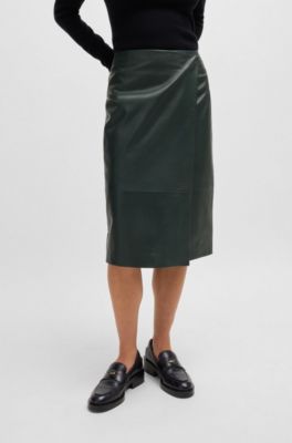 Wrap-front panel skirt in leather, Light Green
