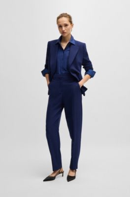 Regular-fit trousers in stretch cloth with tapered leg, Dark Blue