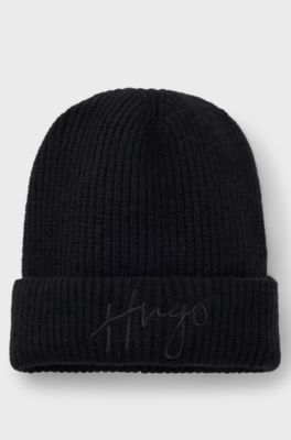 Geribde beanie met handgeschreven logo, Zwart