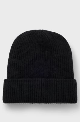 Geribde beanie met handgeschreven logo, Zwart