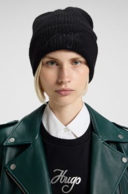 Geribde beanie met handgeschreven logo, Zwart