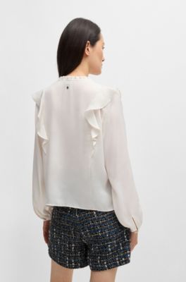 BOSS - Regular-fit blouse with drawcord neckline and ruffle detail ...