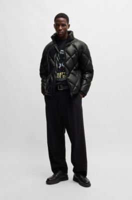 Faux-leather puffer jacket with stacked logo, Black