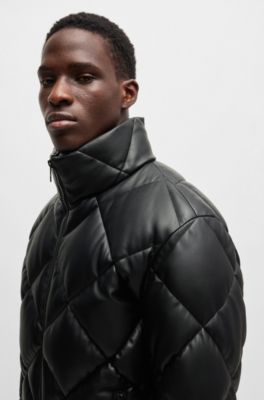 Faux-leather puffer jacket with stacked logo, Black