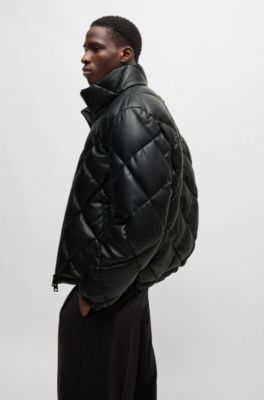 Faux-leather puffer jacket with stacked logo, Black