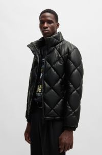 Faux-leather puffer jacket with stacked logo, Black