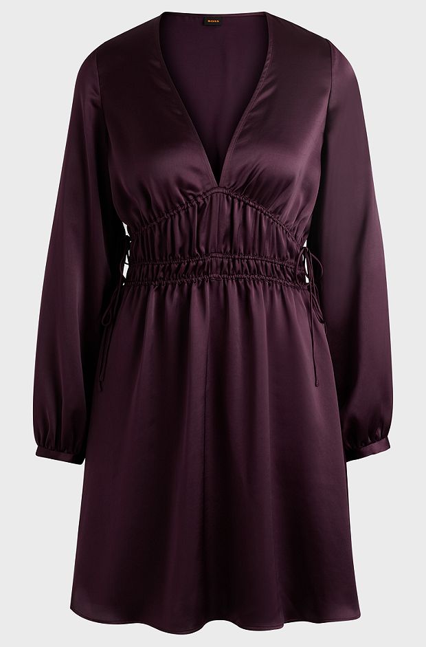 V-neck satin dress with gathered waist details, Dark Purple