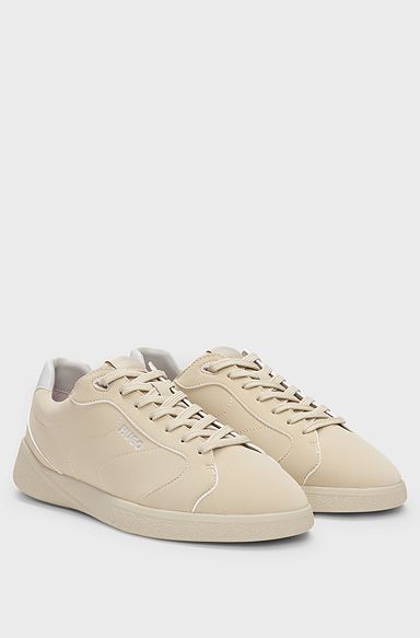 Faux-leather lace-up trainers with logo detail, Beige