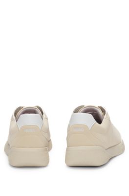 Faux-leather lace-up trainers with logo detail, Beige
