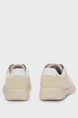 Faux-leather lace-up trainers with logo detail, Beige