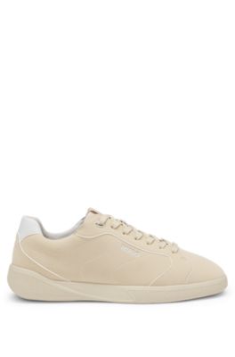 Faux-leather lace-up trainers with logo detail, Beige