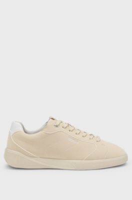 Faux-leather lace-up trainers with logo detail, Beige